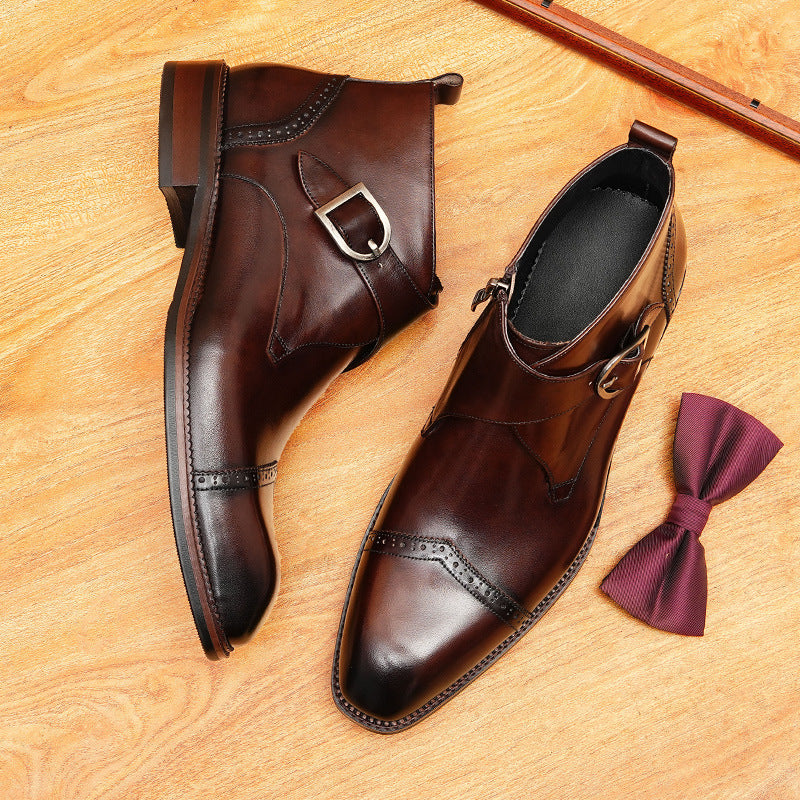 Men's Cap Toe Buckle Leather Side-Zip Dress Boots