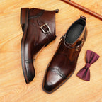 Men's Cap Toe Buckle Leather Side-Zip Dress Boots