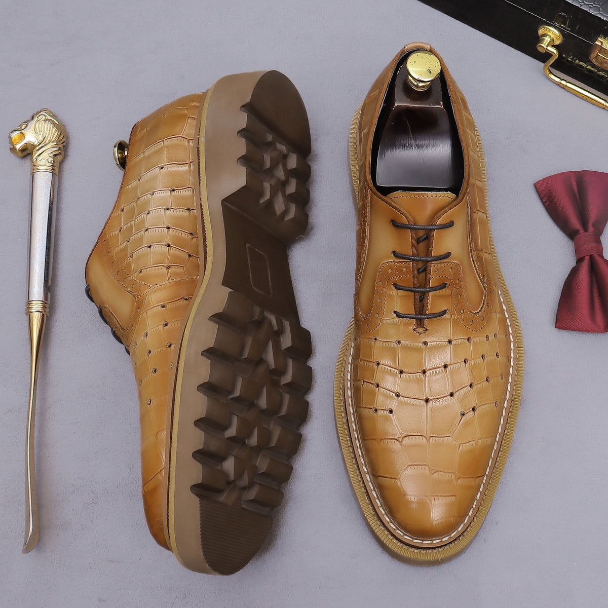 Men's Croc Embossed Leather Chunky Lug Sole Perforated Oxfords