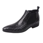 Men's black leather side-zip dress boot with woven pattern and stretch side panel