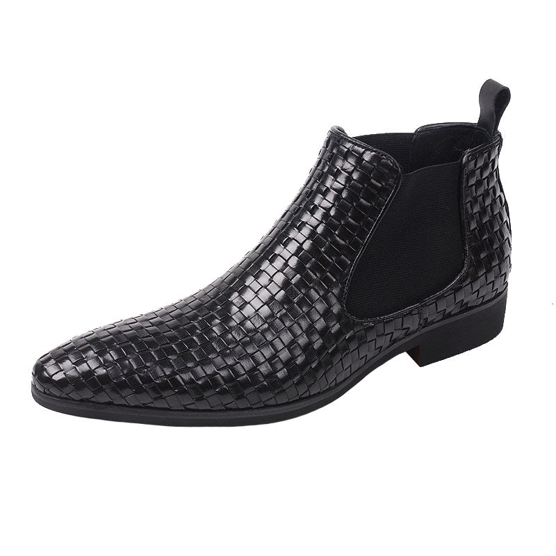 Men's black leather side-zip dress boot with woven pattern and stretch side panel