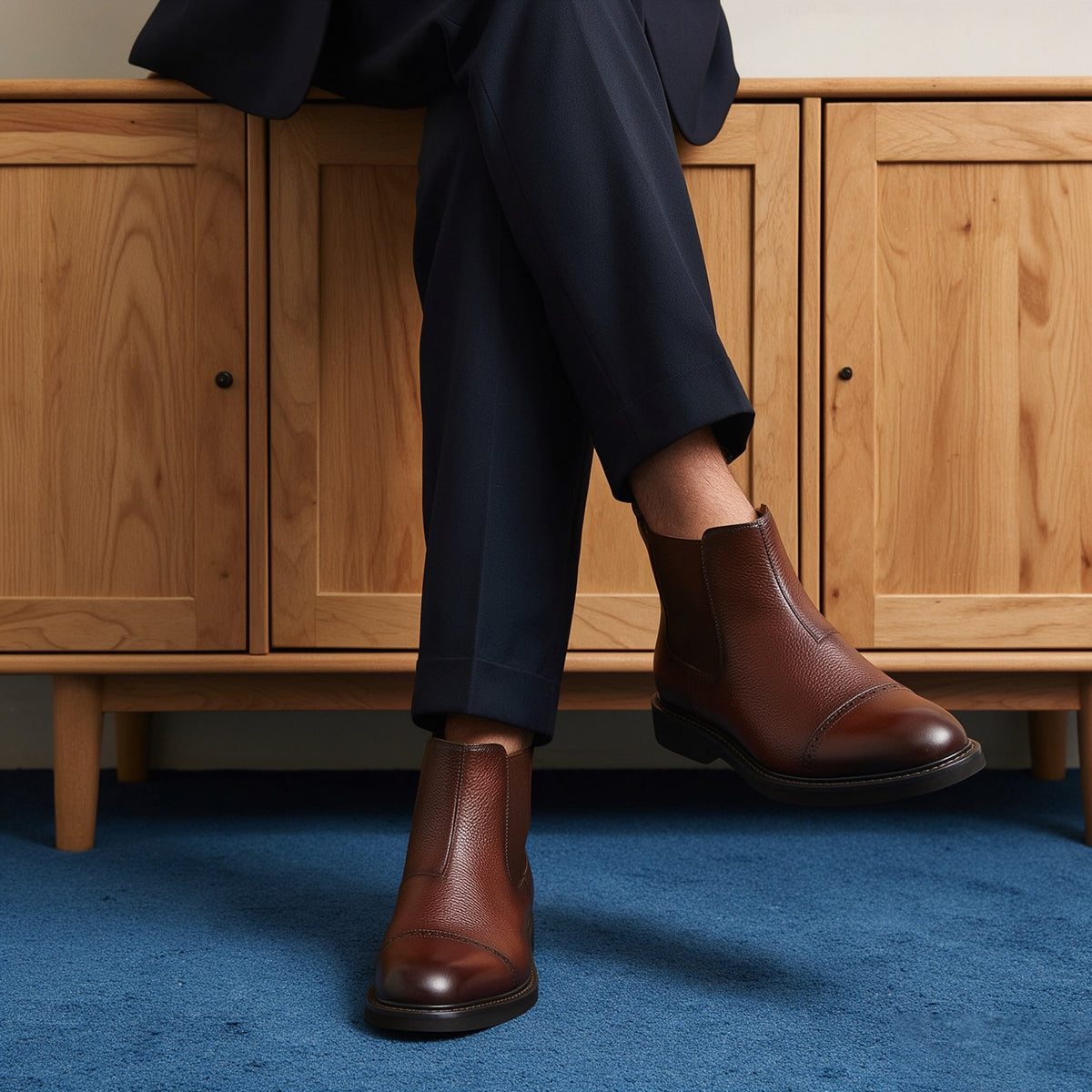Brown suede chelsea dress boots on model with elastic gore and rounded low sole