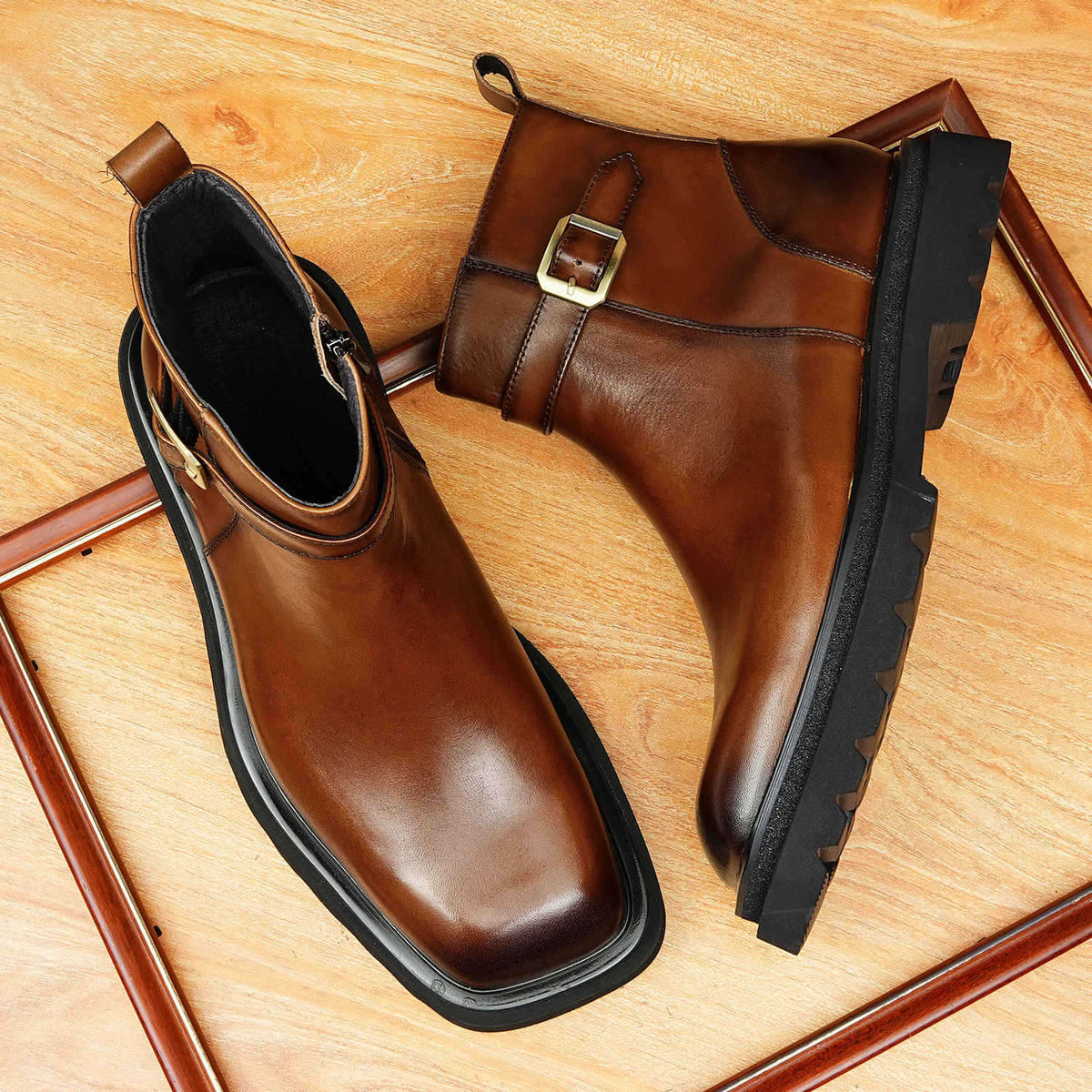 Men's Square Toe Buckle Thick Sole Leather Zip Boots