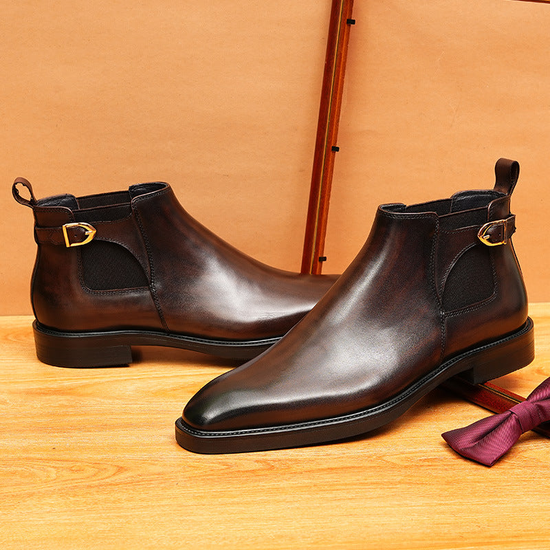 Men's Pointed Toe Buckle Leather Slip-On Chelsea Boots
