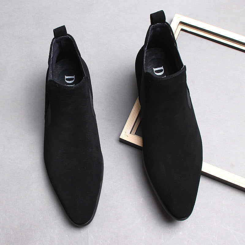 Men's genuine leather Chelsea dress boots, black suede-look, slip-on elastic panels