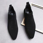 Men's genuine leather Chelsea dress boots, black suede-look, slip-on elastic panels