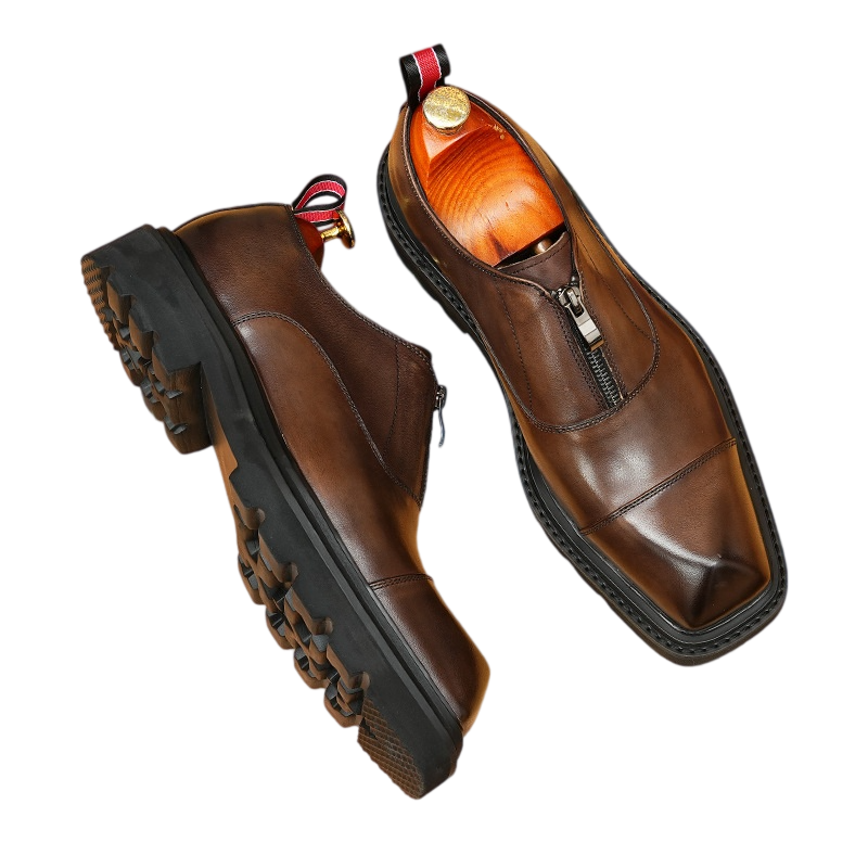 Men's Square Toe Zipper Chunky Sole Leather Loafers