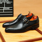 Men's Black Dark Brown Pointed Toe Single Monk Leather Shoes