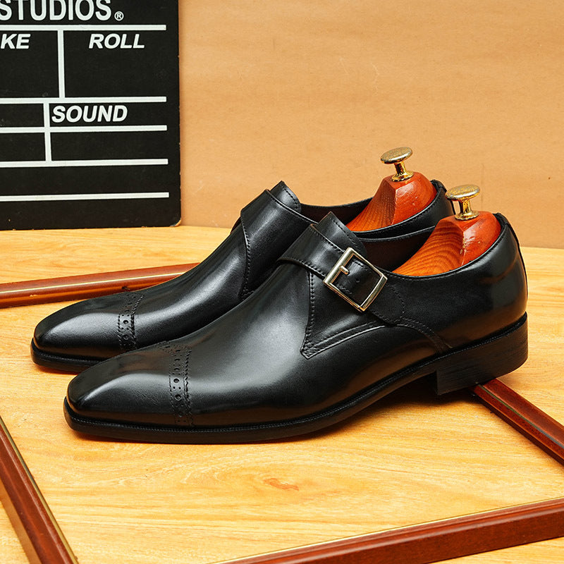 Men's Black Dark Brown Pointed Toe Single Monk Leather Shoes