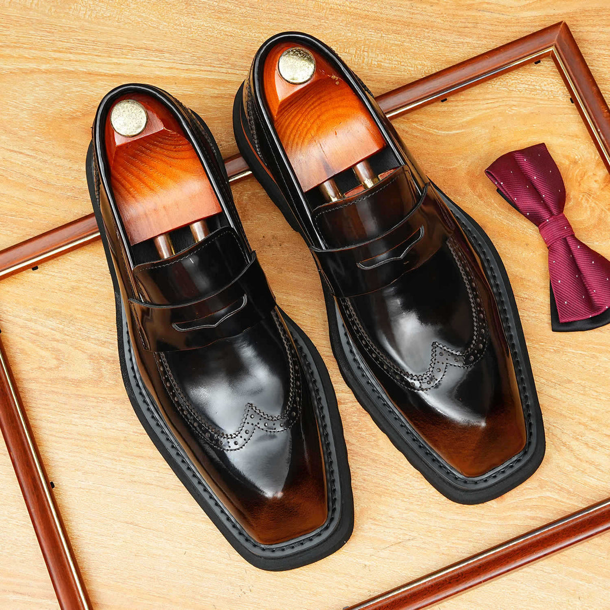 Men's Platform Brogue Leather Slip-On Dress Loafers