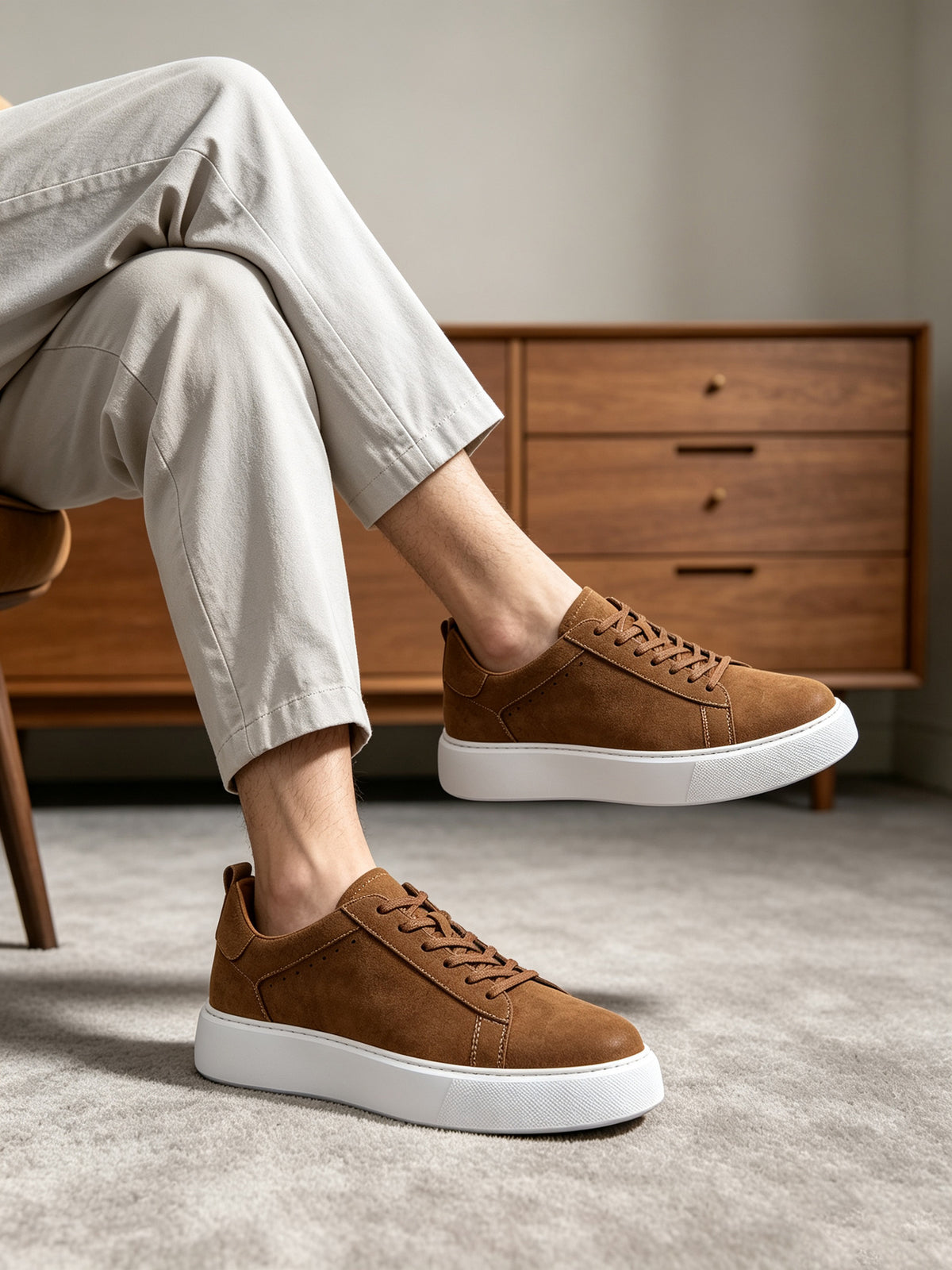 Men's genuine leather sneakers, brown lace-up with white sole and low profile