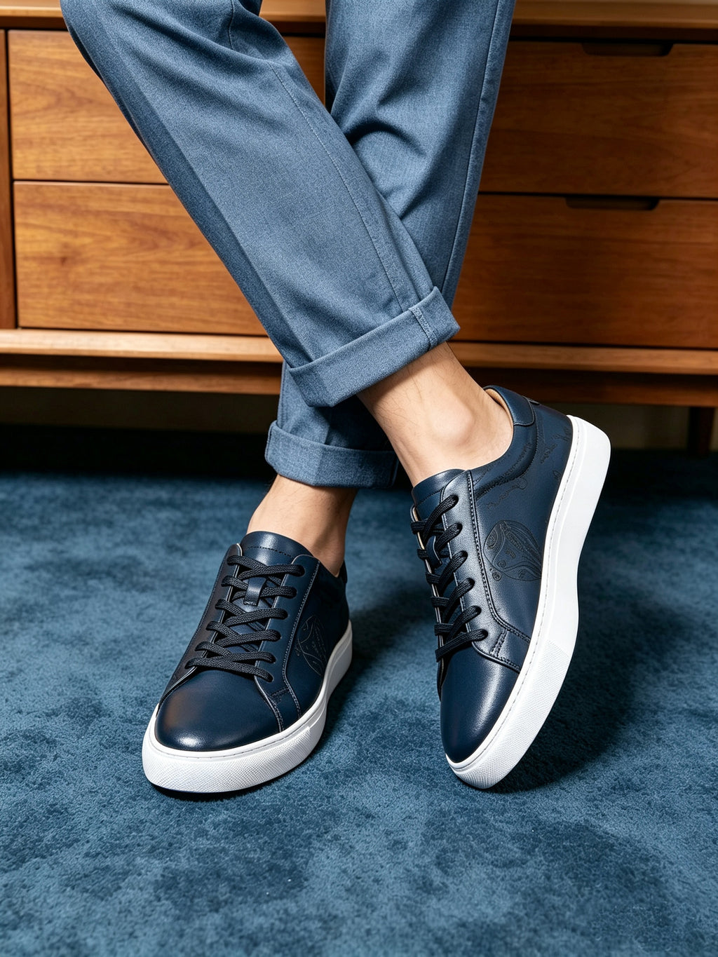 Leather sneakers, dark blue slip-on look with black laces and white rubber sole