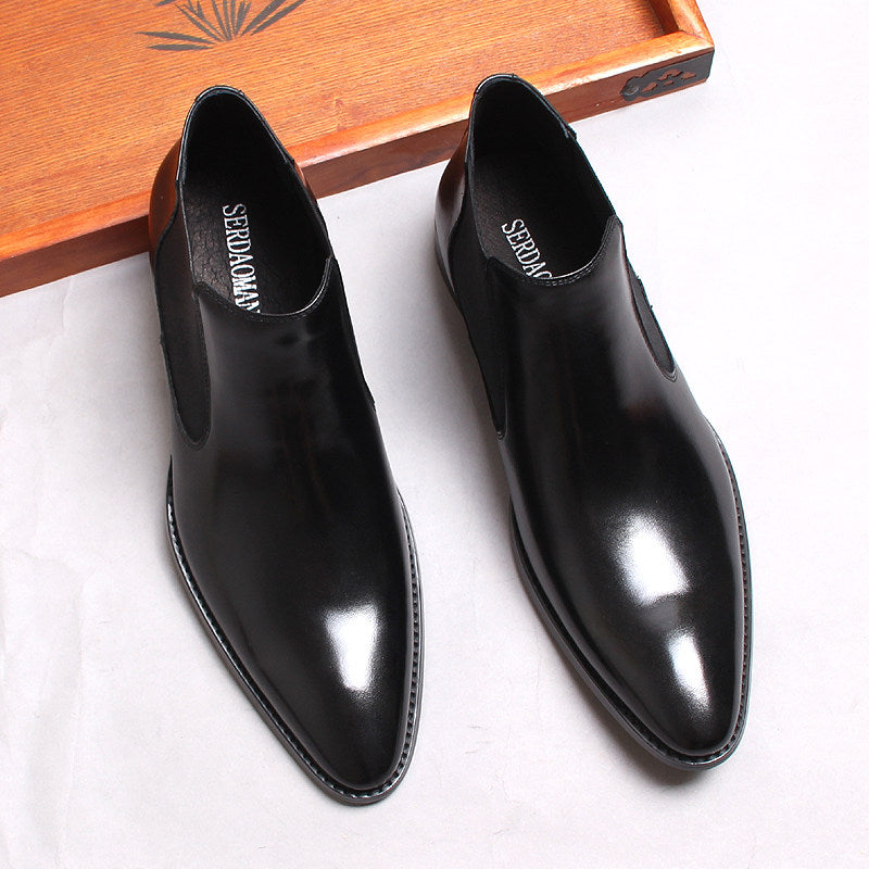 Men's black genuine leather Chelsea dress boots, slip-on style with elastic gore