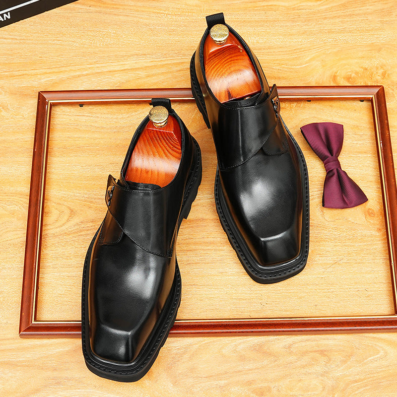Men's Black Dark Brown Square Toe Single Monk Leather Shoes