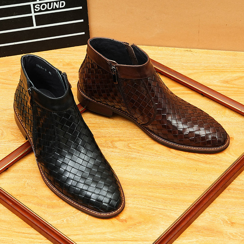Men's Woven Pointed Toe Leather Zip Dress Boots