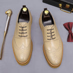 Men's leather derby dress shoes, beige with lace-up front and tan tread sole