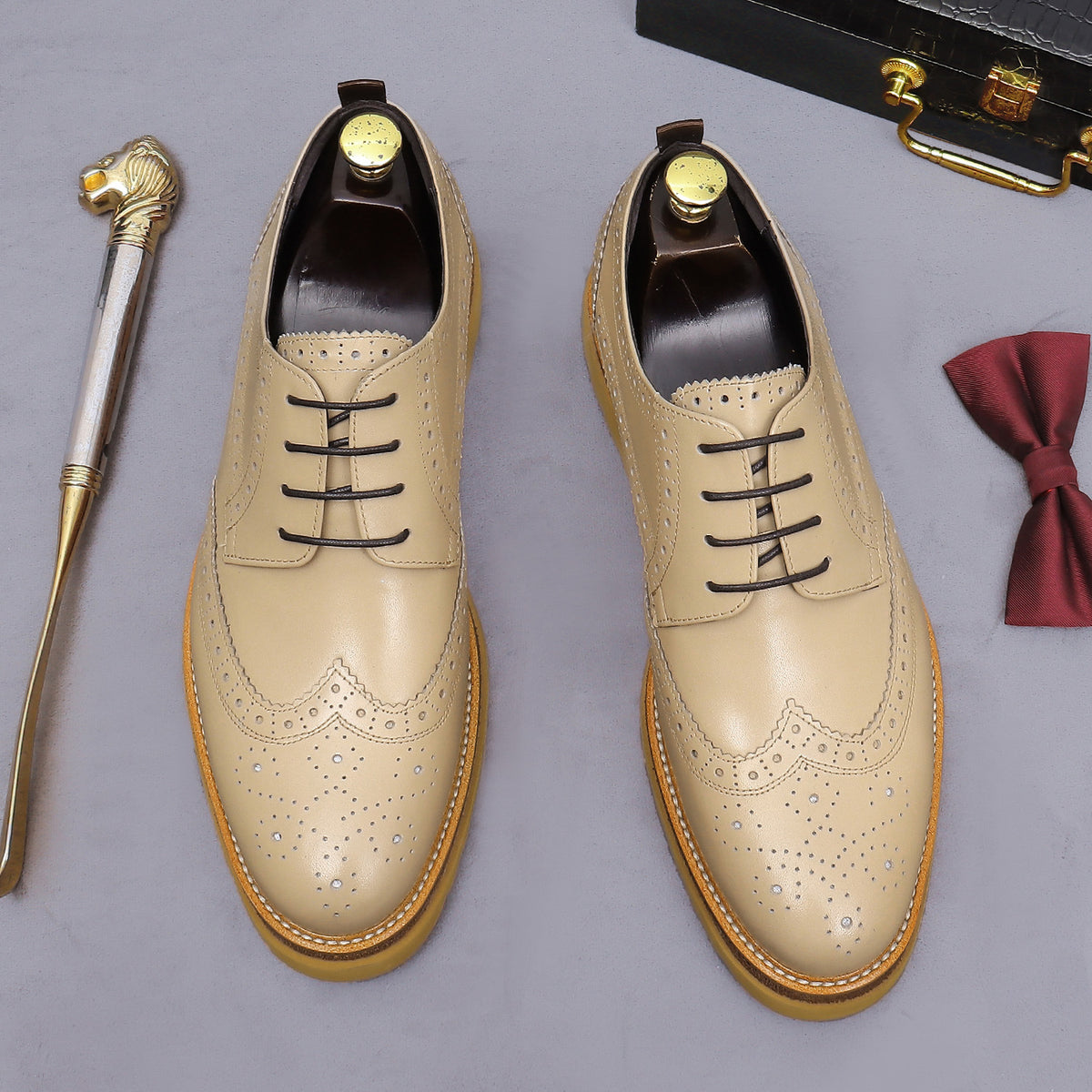 Men's leather derby dress shoes, beige with lace-up front and tan tread sole