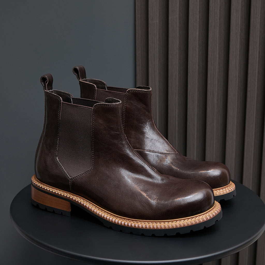 Men's pointed-toe suede Chelsea dress boots, dark brown, pair view with rounded heel sole