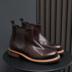 Men's pointed-toe suede Chelsea dress boots, dark brown, pair view with rounded heel sole