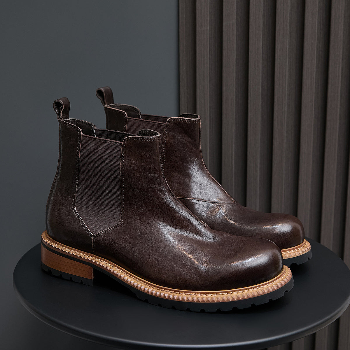 Men's pointed-toe suede Chelsea dress boots, dark brown, pair view with rounded heel sole