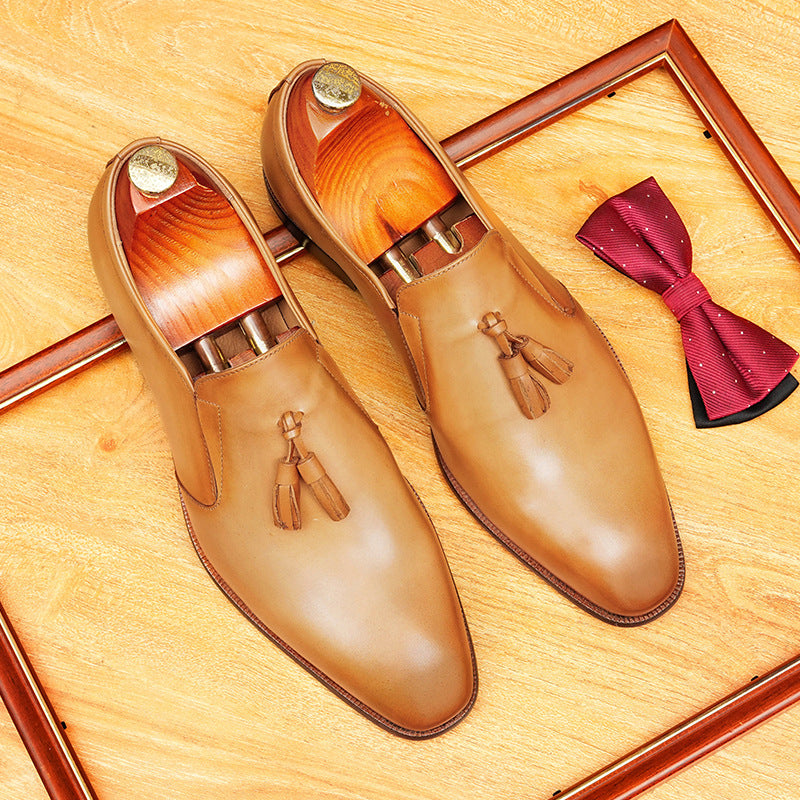 Men's Burnished Pointed Toe Tassel Leather Loafers