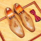 Men's Burnished Pointed Toe Tassel Leather Loafers