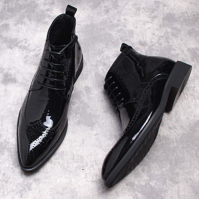 Black leather dress boots with side zip, lace-up front, thick platform sole