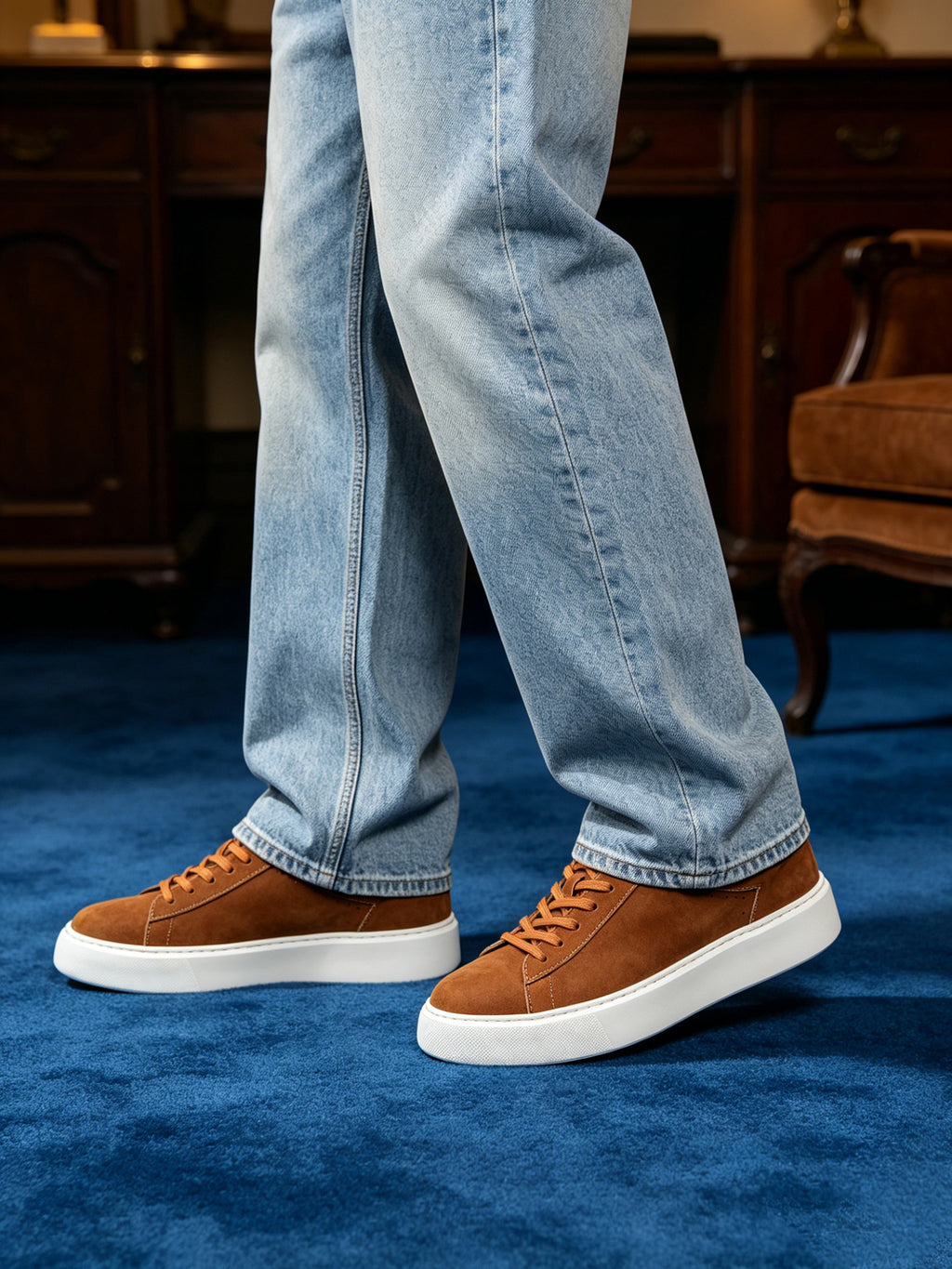 Brown leather low-top sneakers with black laces and white rubber sole