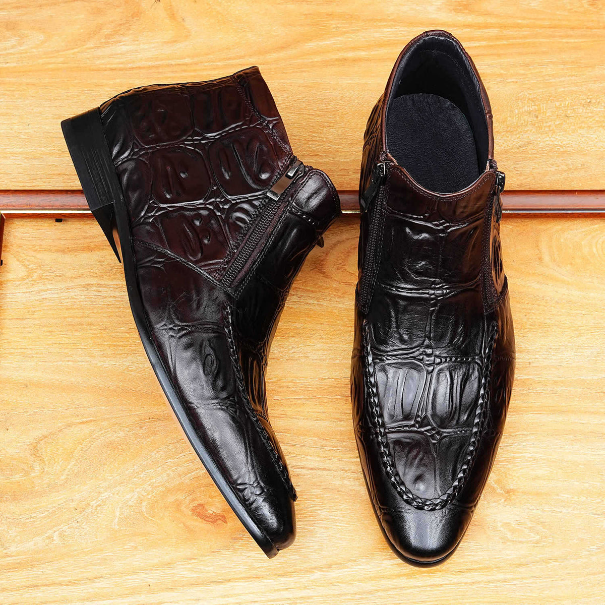Men's Pointed Toe Croc Embossed Double-Zip Dress Boots