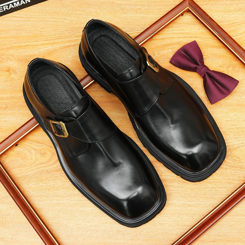 Men's Smooth Square Toe Single Monk Strap Leather Shoes