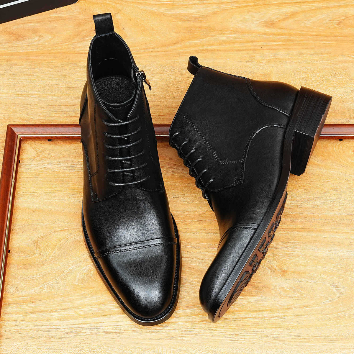 Men's Cap Toe Decorative Lace-Up Leather Zip Boots