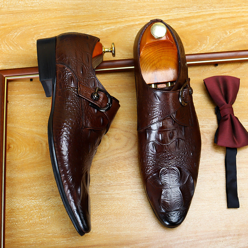 Men's Croc Embossed Pointed Toe Single Monk Leather Shoes