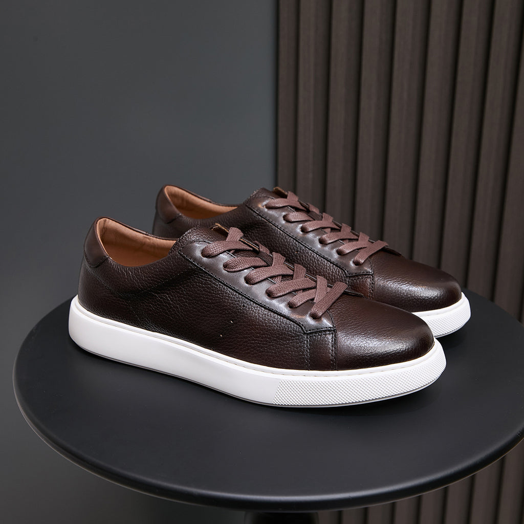 Men's genuine leather sneakers, dark brown low-top lace-up with white rubber sole