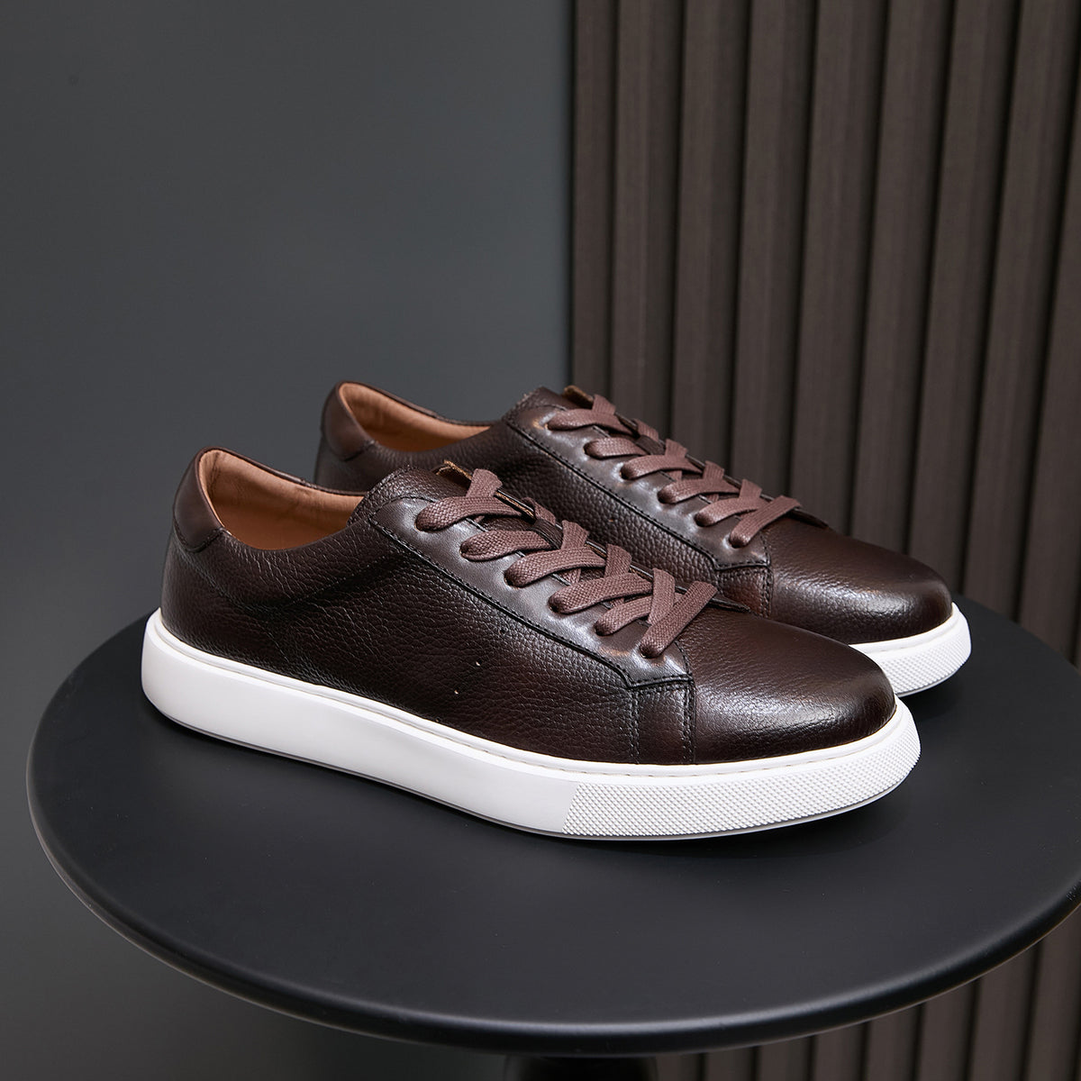 Men's genuine leather sneakers, dark brown low-top lace-up with white rubber sole