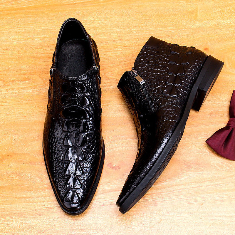 Men's Pointed Croc Embossed Leather Double-Zip Boots