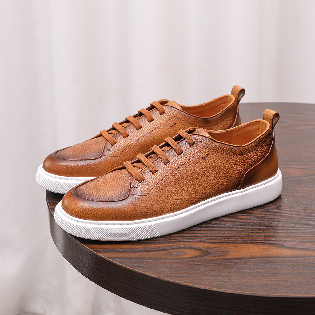 Men's genuine leather sneakers, brown low-top lace-up with cushioned white midsole