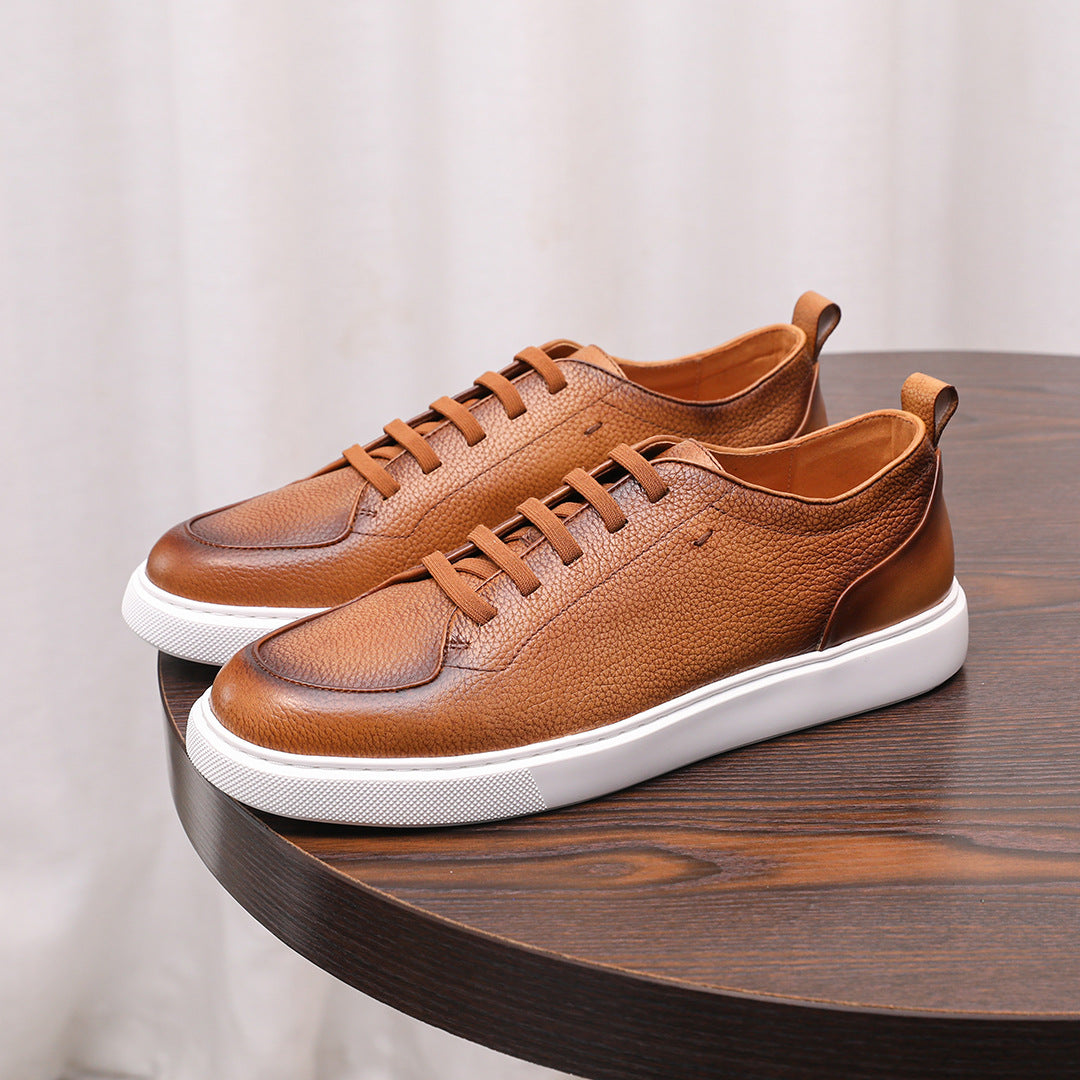 Men's genuine leather sneakers, brown low-top lace-up with cushioned white midsole
