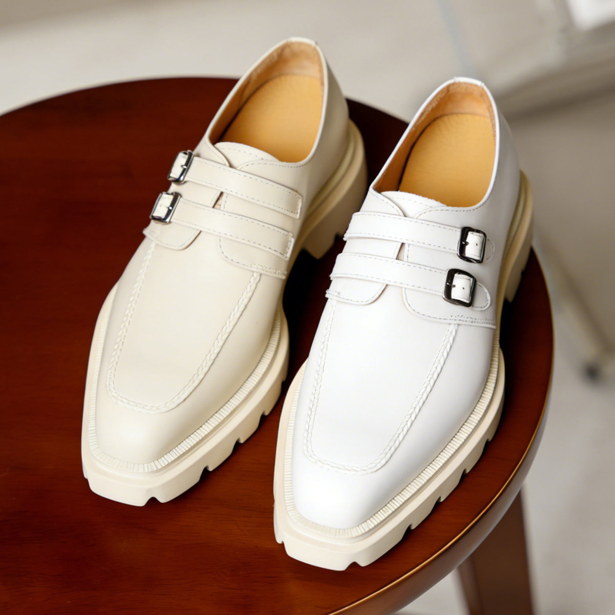 Men's White Beige Pointed Toe Chunky Double Monk Shoes