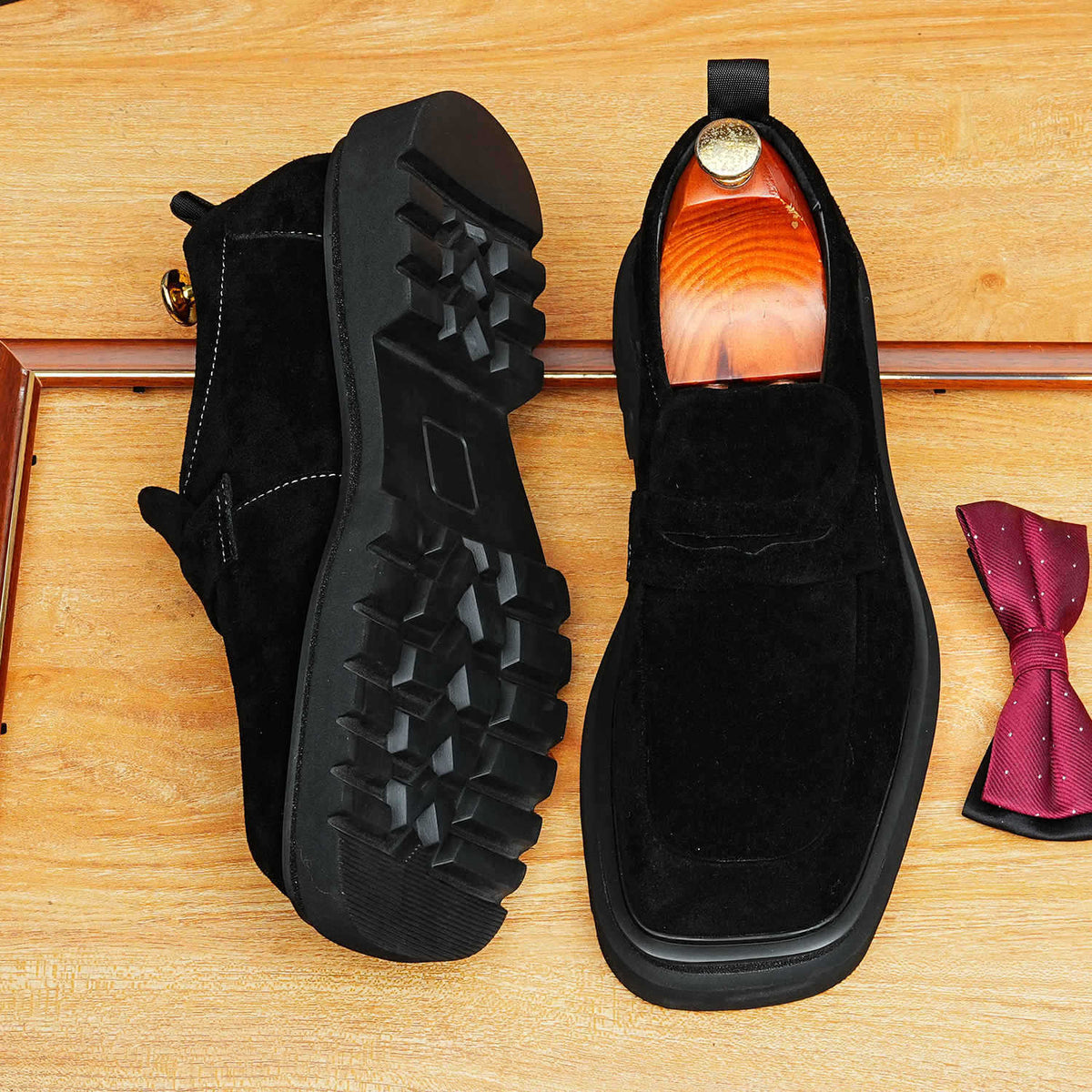 Men's Suede Broad Square Toe Platform Dress Loafers