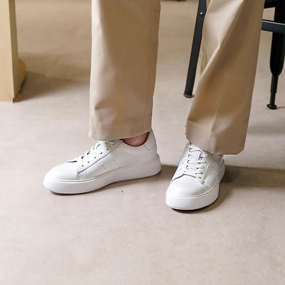 Men's genuine leather low-top sneakers, white lace-up with perforated toe detailing