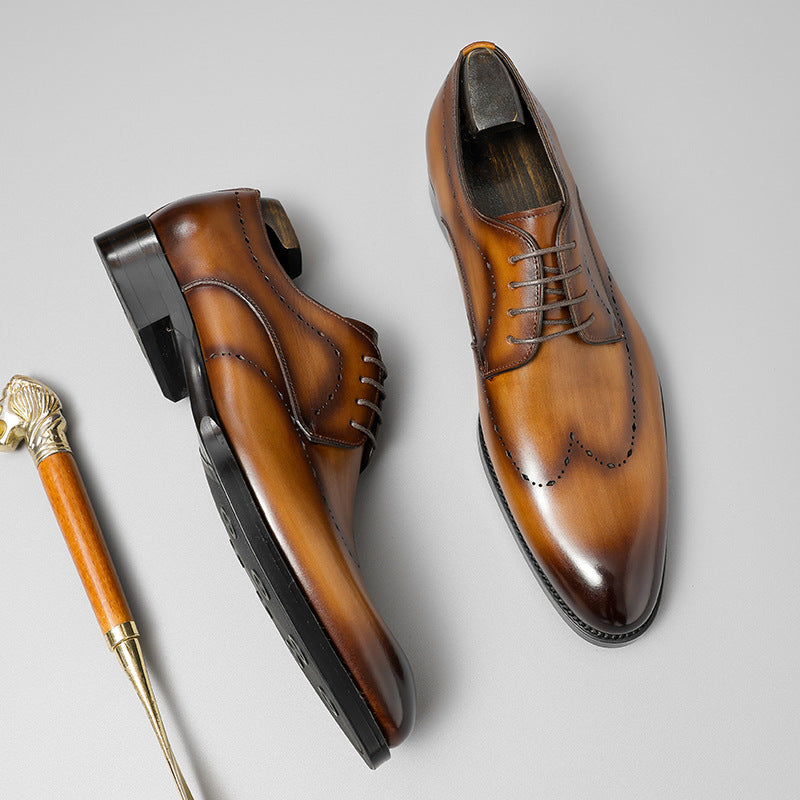 Men's Hand-Burnished Leather Wingtip Brogue Derby Shoes