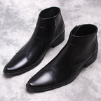 Black leather formal side-zip dress boots with thick sole