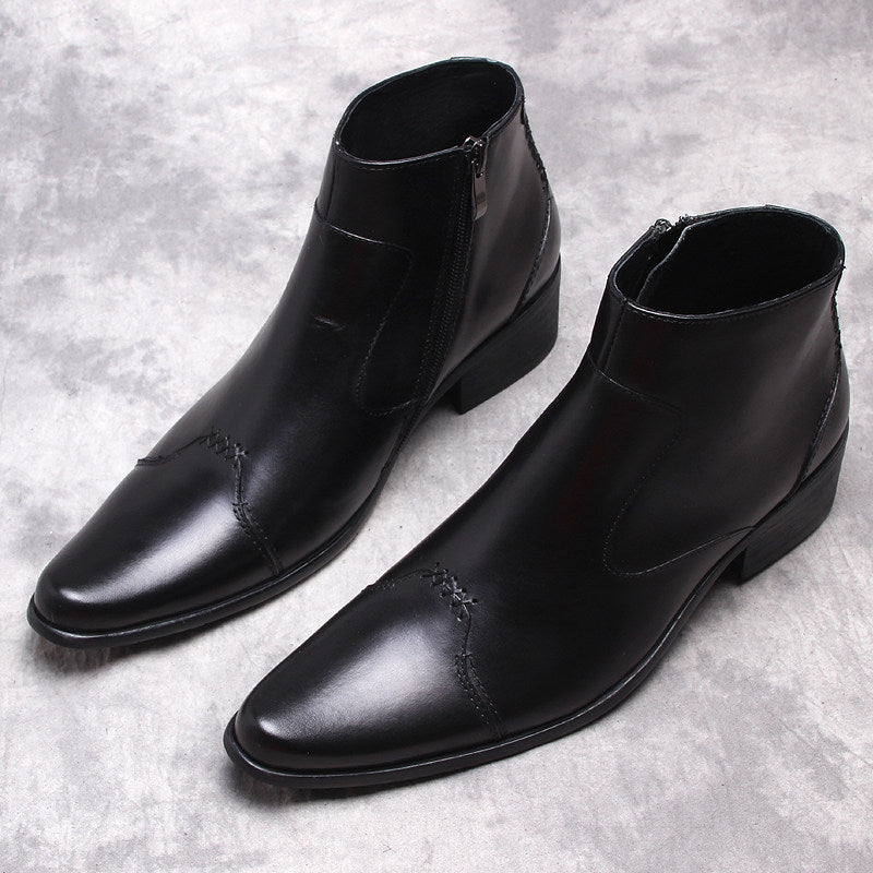 Black leather formal side-zip dress boots with thick sole