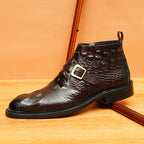 Men's Croc Embossed Buckle Leather Side-Zip Dress Boots
