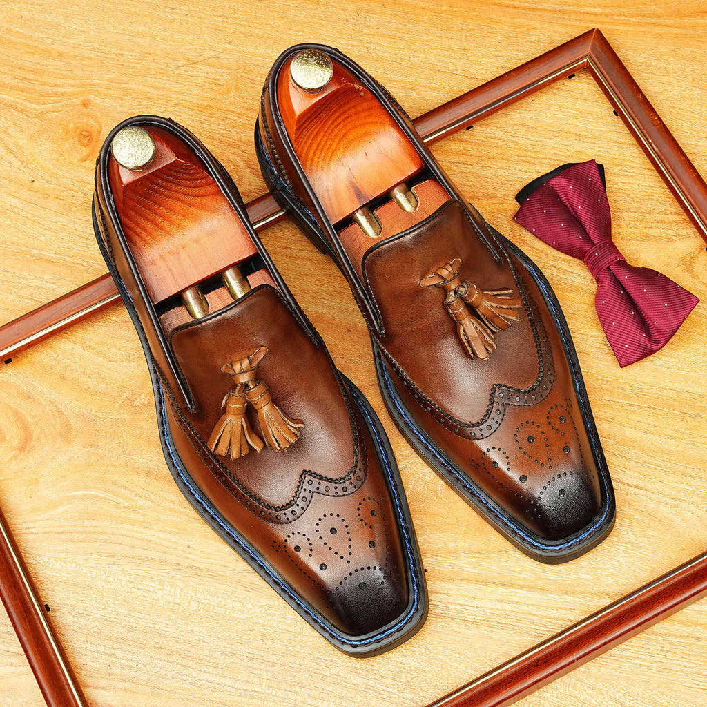 Men's Perforated Brogue Tassel Square Toe Leather Loafers