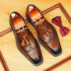 Men's Perforated Brogue Tassel Square Toe Leather Loafers