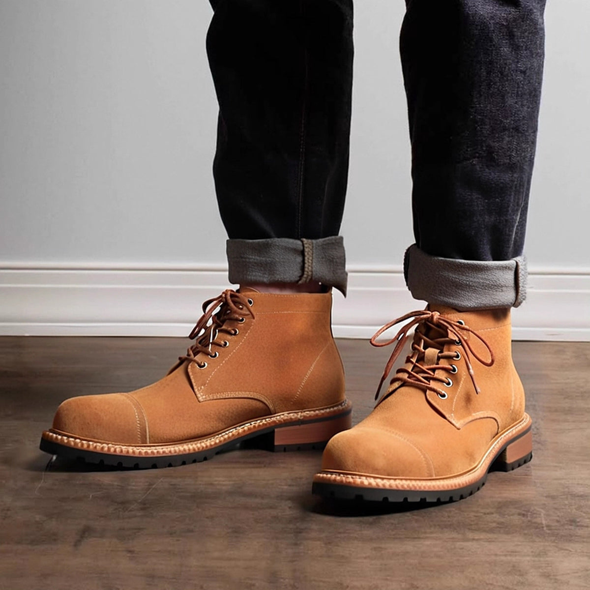 Pair of men's tan chukka boots, lace-up design with rubber tread sole