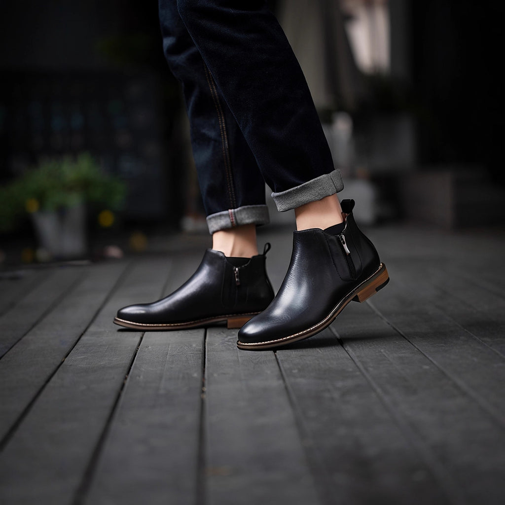 Black leather side-zip ankle dress boots with stacked heel and brown welt