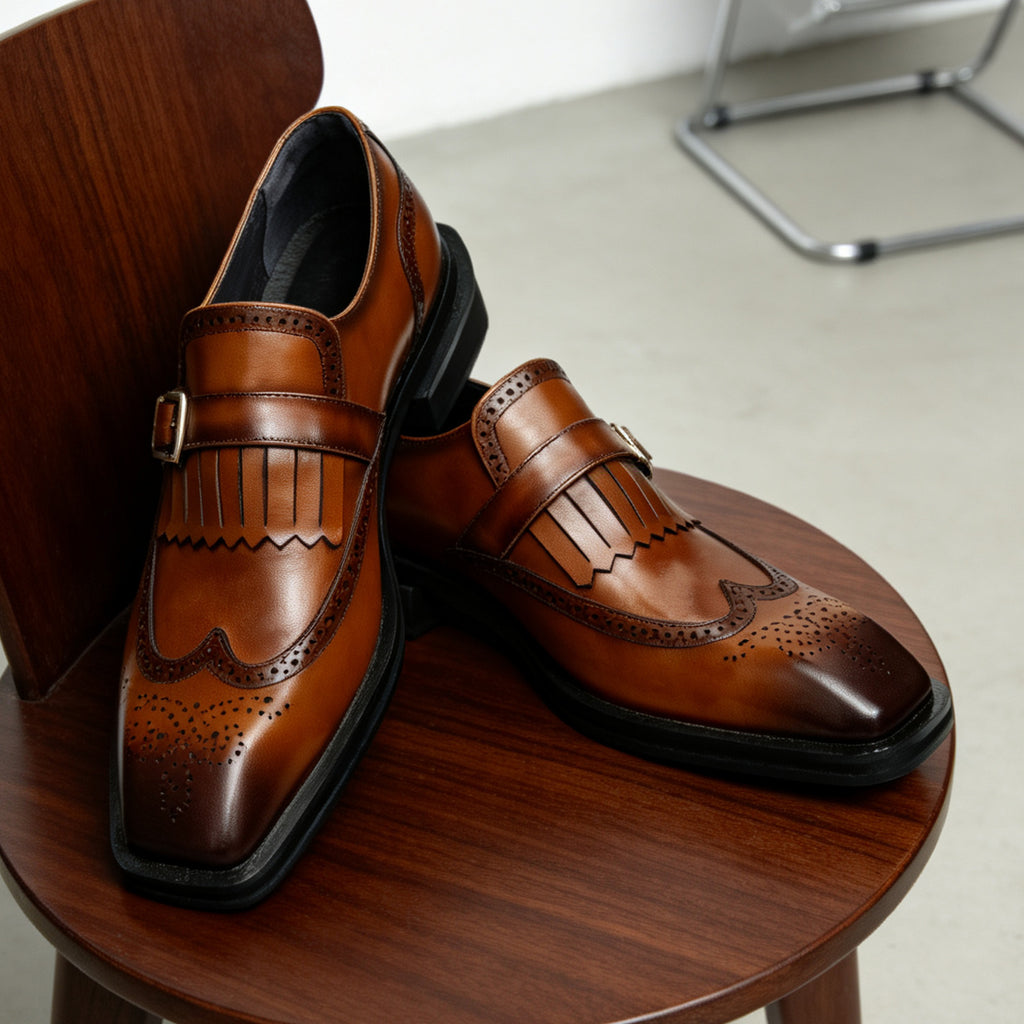 Men's Square Toe Single Monk Strap Leather Formal Shoes