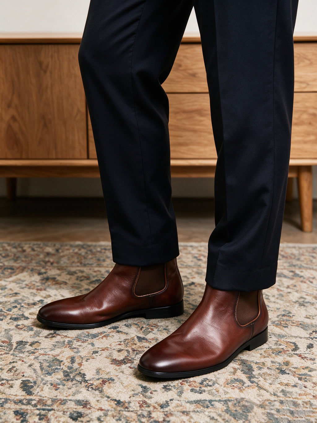 Pointed-toe suede Chelsea dress boots in dark brown with elastic side gore